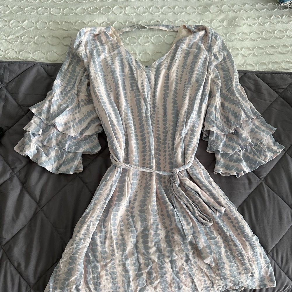 Olivaceous White and Gray Ruffled Tie Front Mini Dress